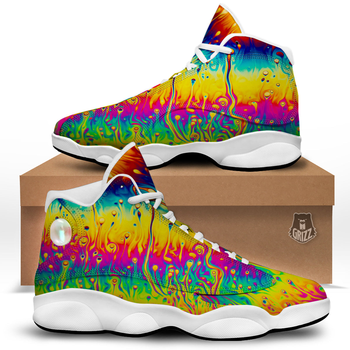 Abstract Psychedelic Rainbow Acid Print White Basketball Shoes-grizzshop