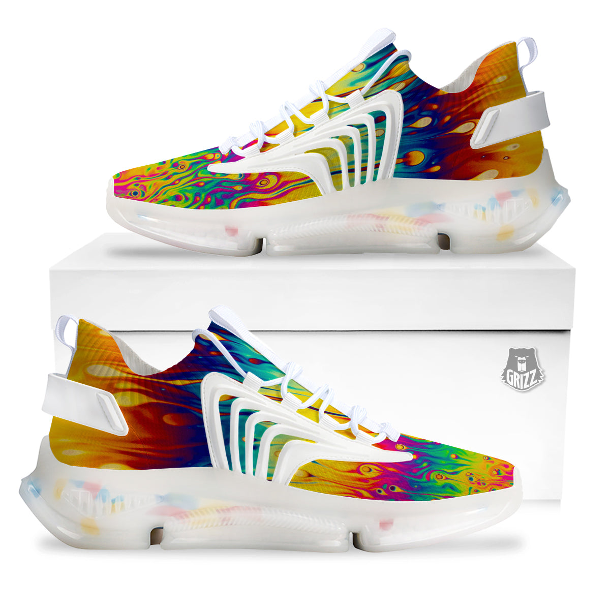 Abstract Psychedelic Rainbow Acid Print White Gym Shoes-grizzshop