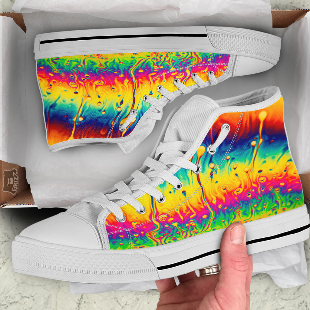 Abstract Psychedelic Rainbow Acid Print White High Top Shoes-grizzshop