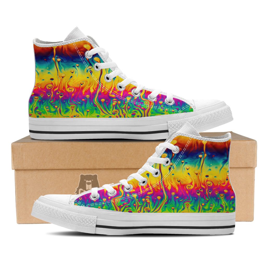 Abstract Psychedelic Rainbow Acid Print White High Top Shoes-grizzshop