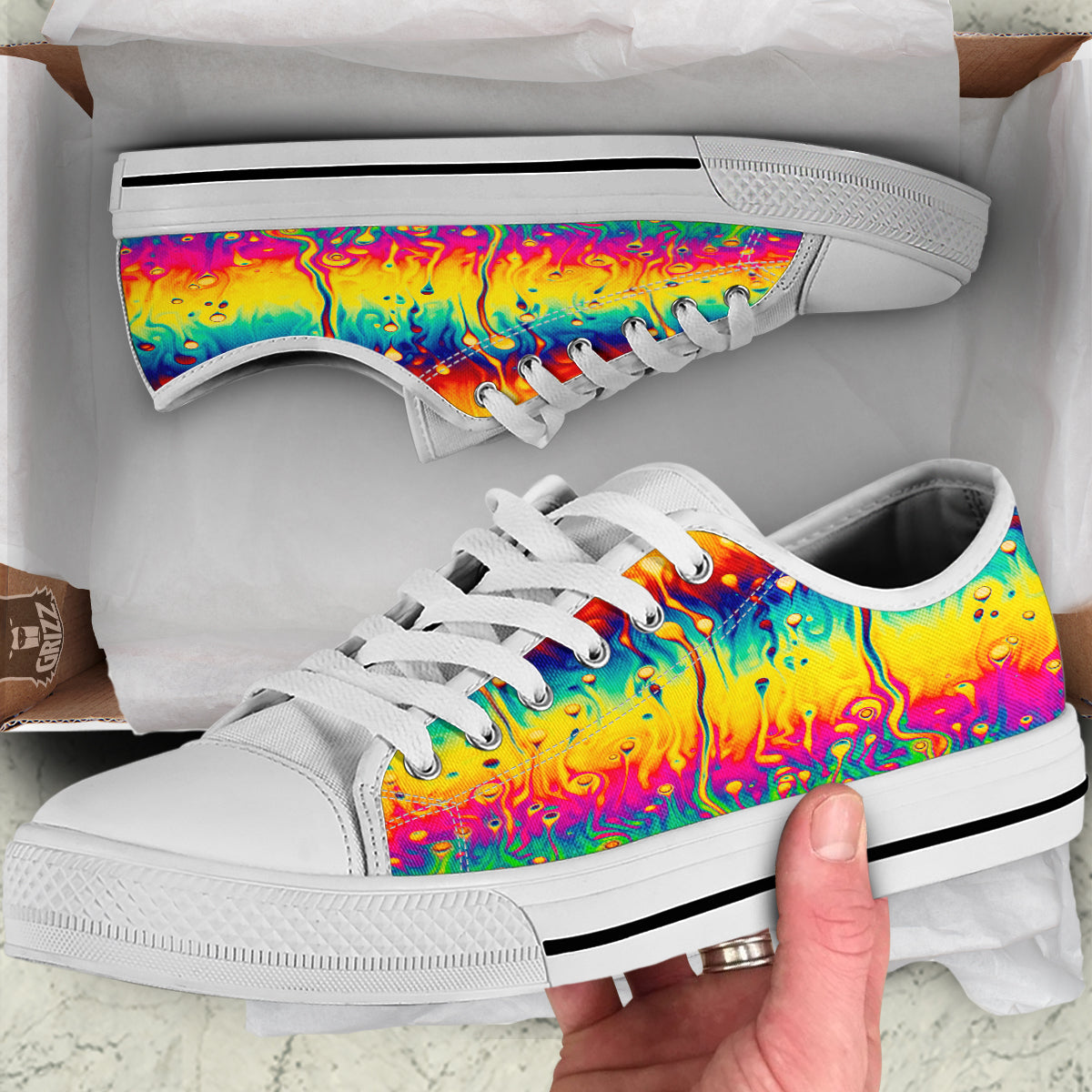 Abstract Psychedelic Rainbow Acid Print White Low Top Shoes-grizzshop