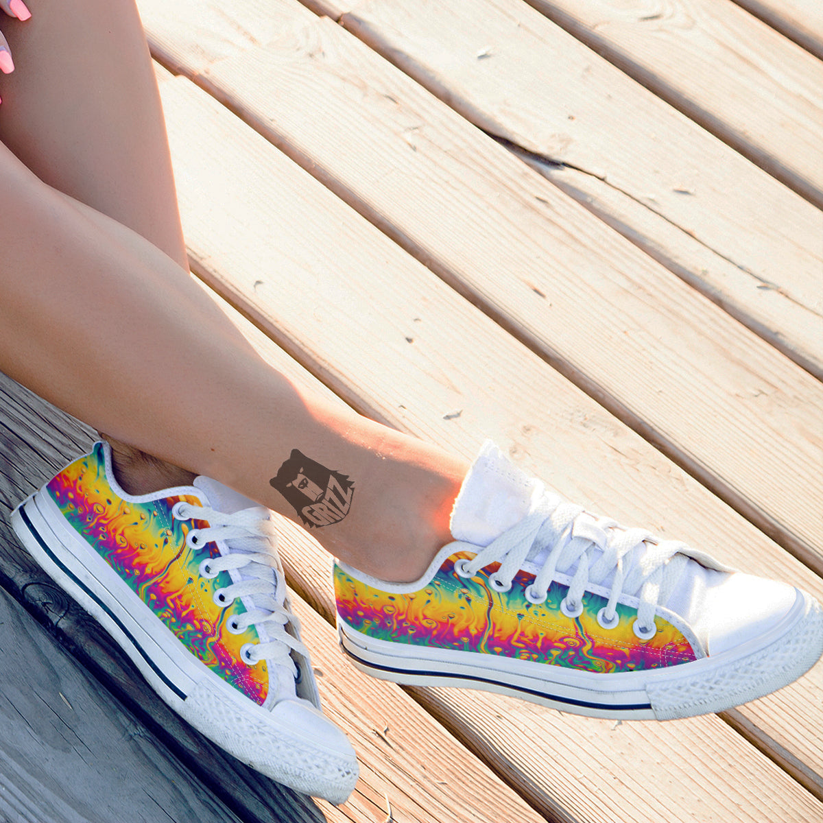 Abstract Psychedelic Rainbow Acid Print White Low Top Shoes-grizzshop