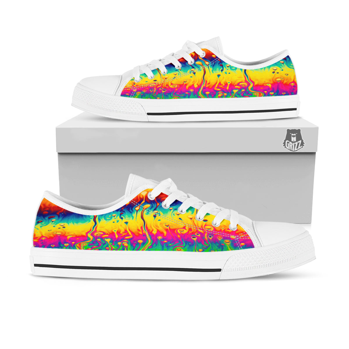 Abstract Psychedelic Rainbow Acid Print White Low Top Shoes-grizzshop