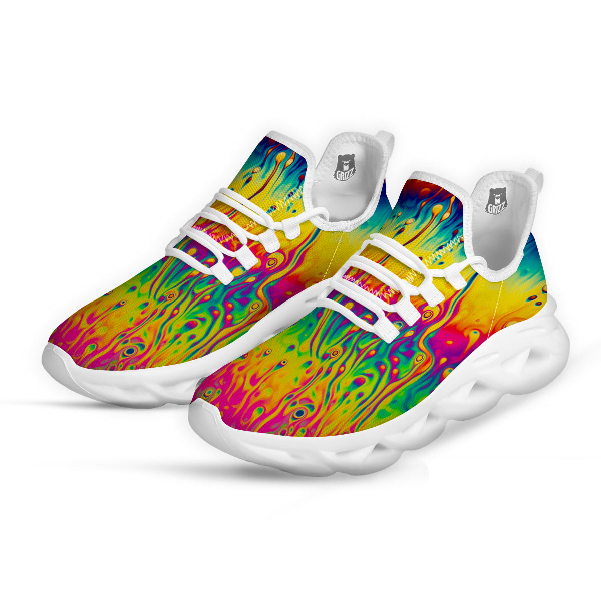 Abstract Psychedelic Rainbow Acid Print White Running Shoes-grizzshop