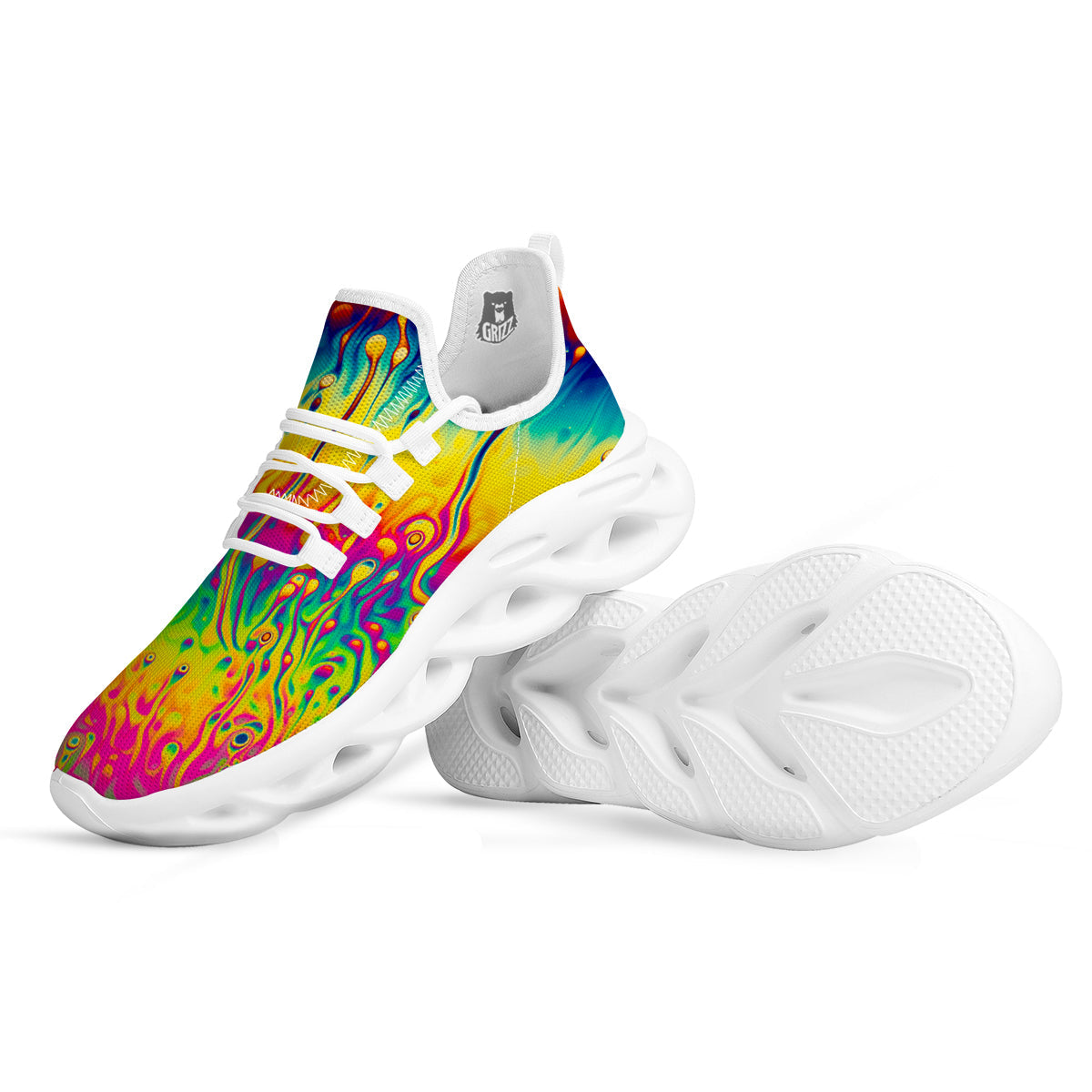 Abstract Psychedelic Rainbow Acid Print White Running Shoes-grizzshop