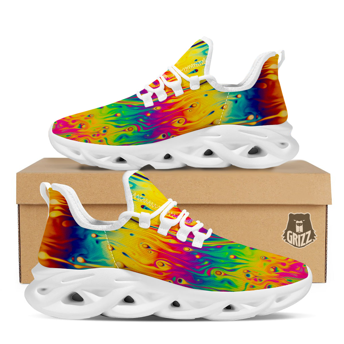 Abstract Psychedelic Rainbow Acid Print White Running Shoes-grizzshop