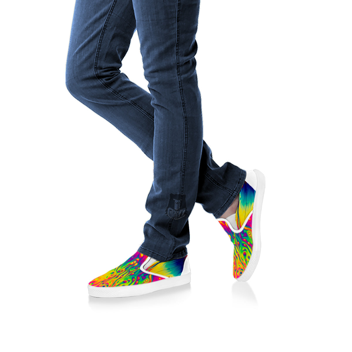 Abstract Psychedelic Rainbow Acid Print White Slip On Shoes-grizzshop