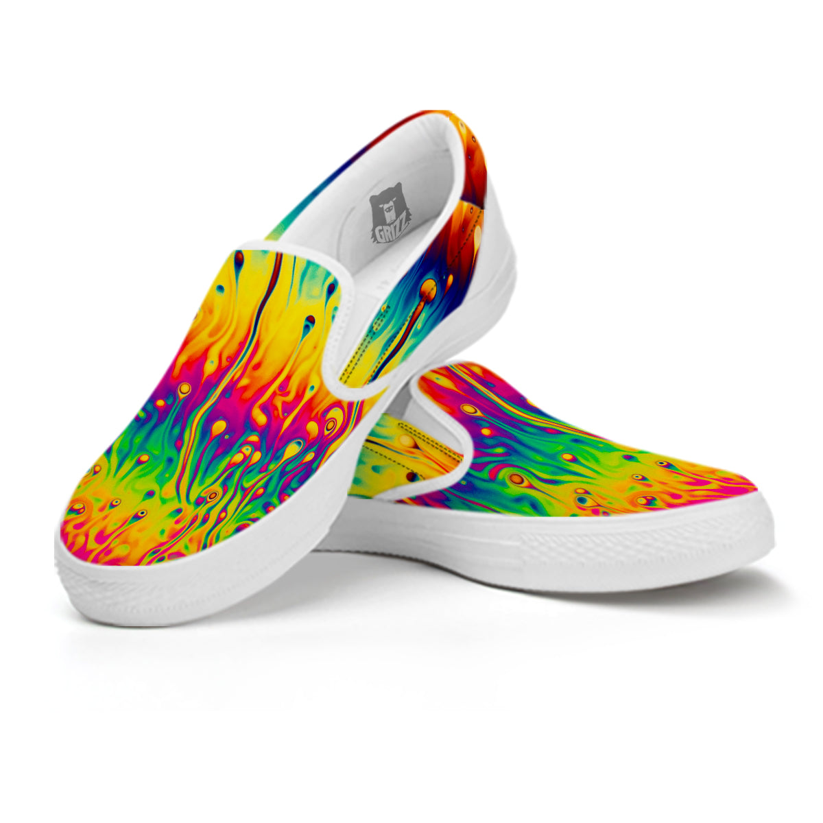 Abstract Psychedelic Rainbow Acid Print White Slip On Shoes-grizzshop