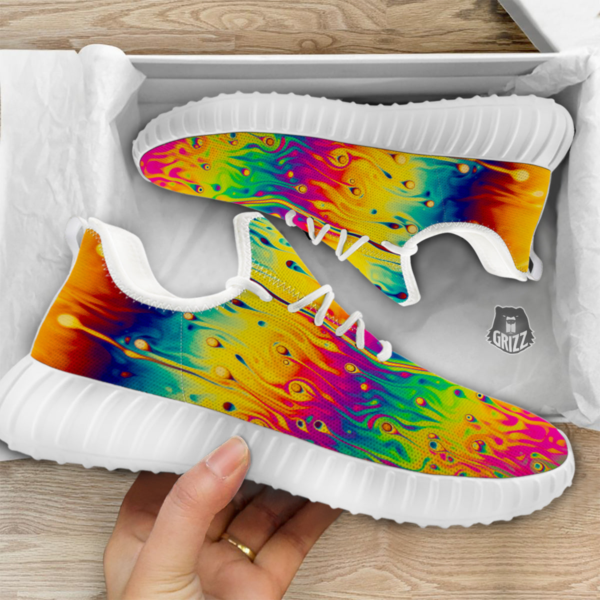 Abstract Psychedelic Rainbow Acid Print White Walking Shoes-grizzshop