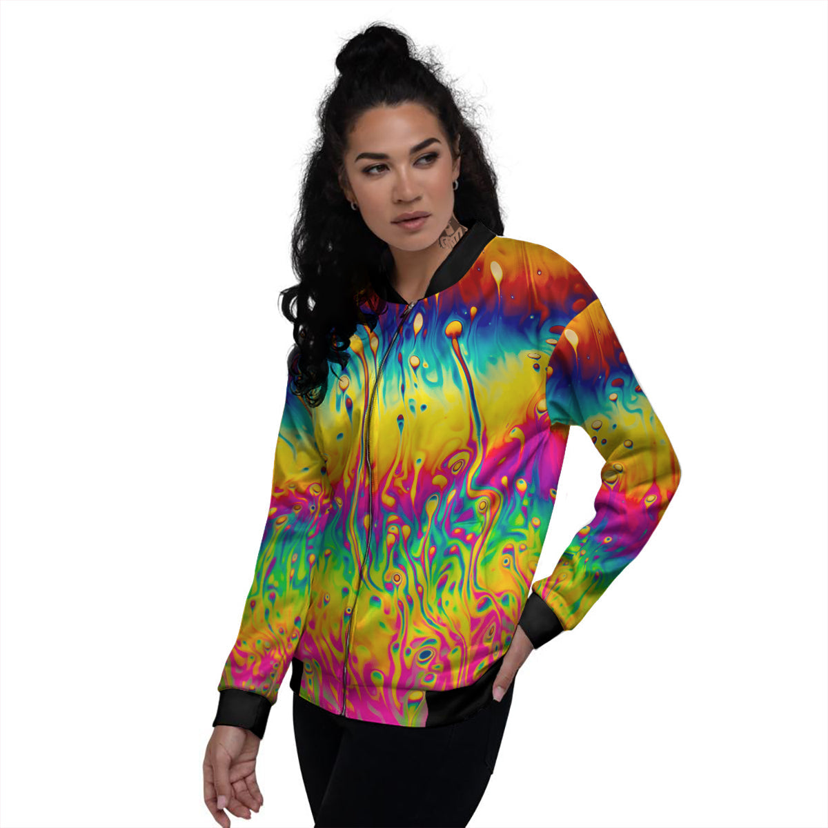 Abstract Psychedelic Rainbow Acid Print Women's Bomber Jacket-grizzshop