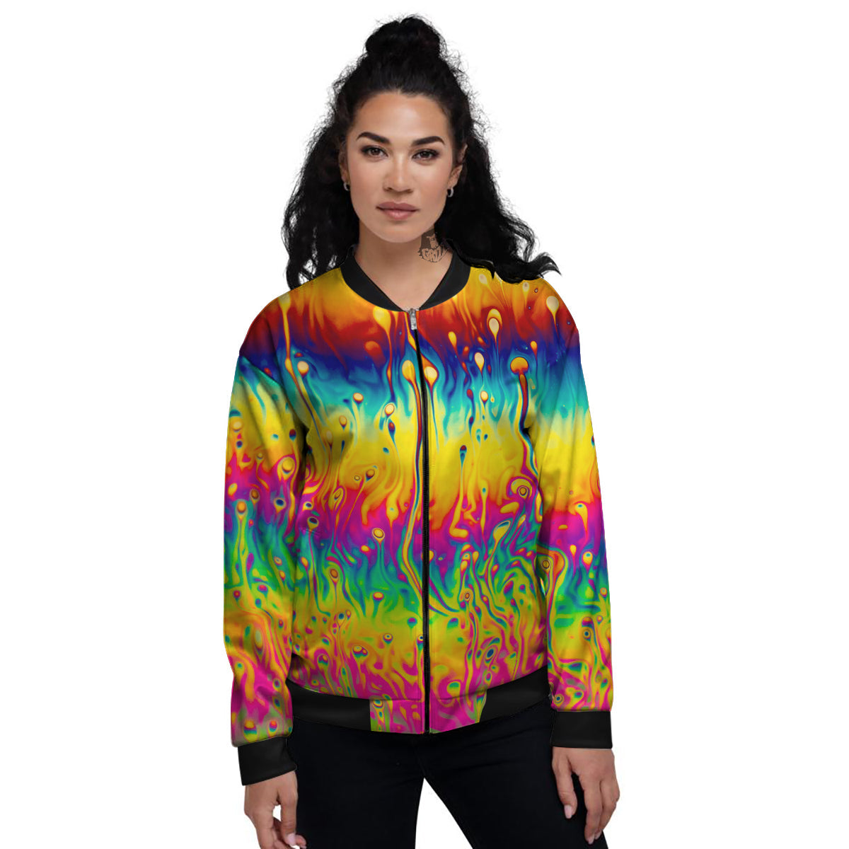 Abstract Psychedelic Rainbow Acid Print Women's Bomber Jacket-grizzshop