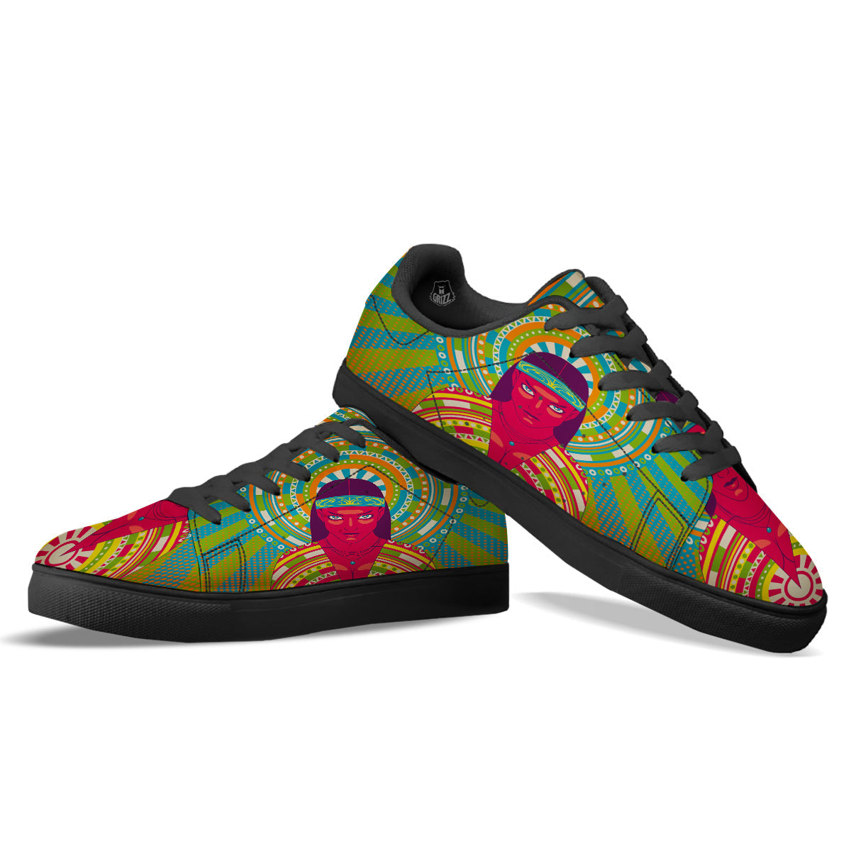 Abstract Psychedelic Women Print Black Low Top Sneakers-grizzshop