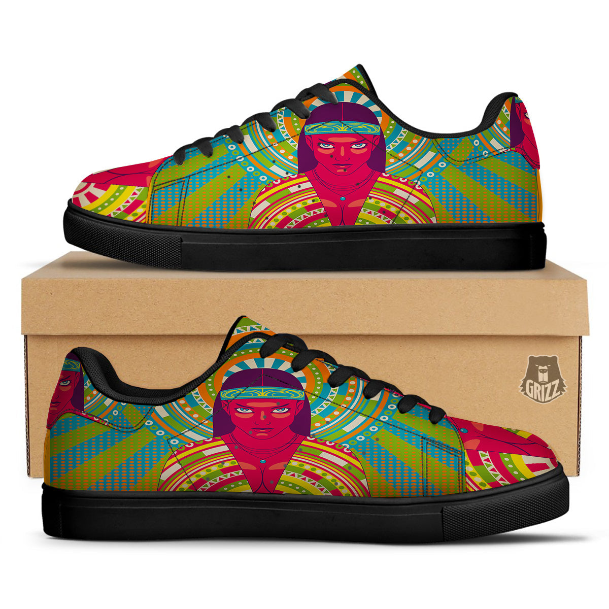 Abstract Psychedelic Women Print Black Low Top Sneakers-grizzshop