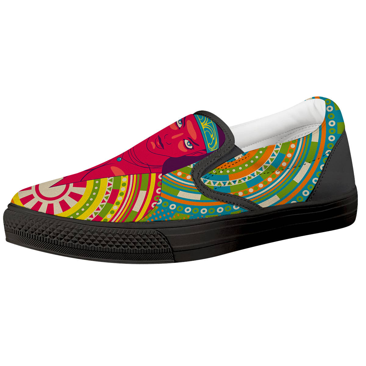 Abstract Psychedelic Women Print Black Slip On Shoes-grizzshop