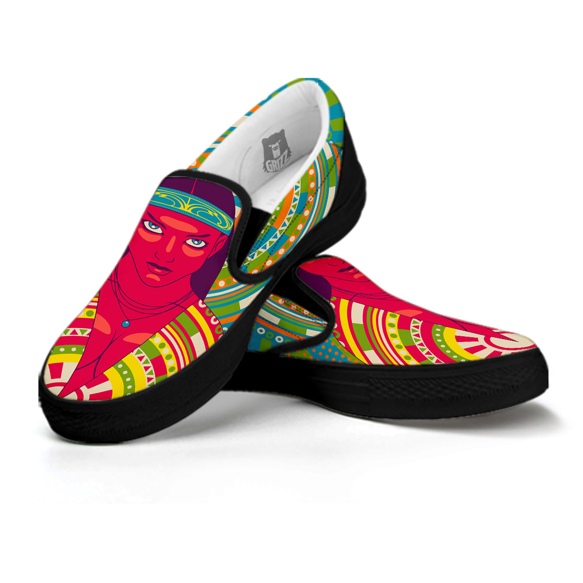 Abstract Psychedelic Women Print Black Slip On Shoes-grizzshop