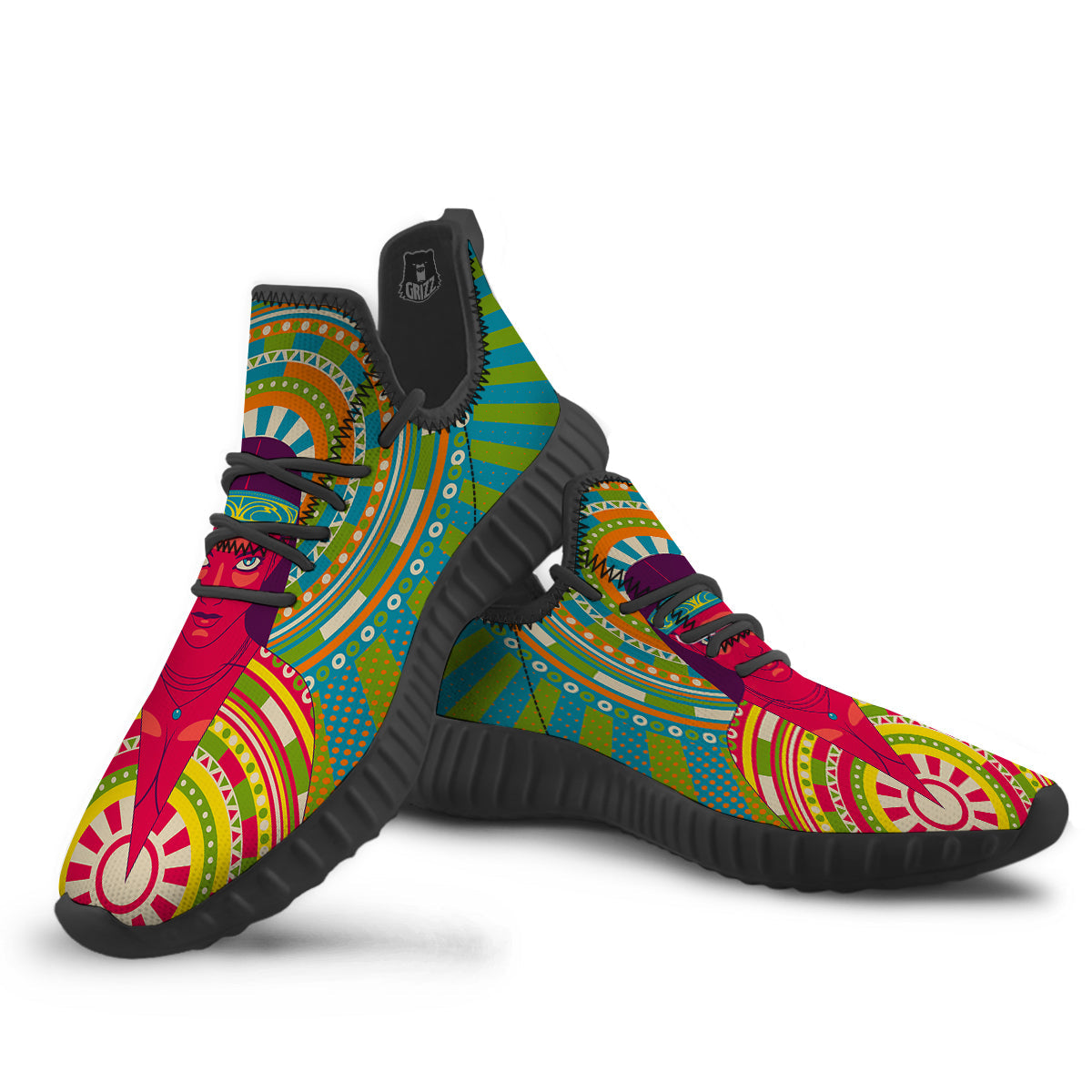 Abstract Psychedelic Women Print Black Walking Shoes-grizzshop