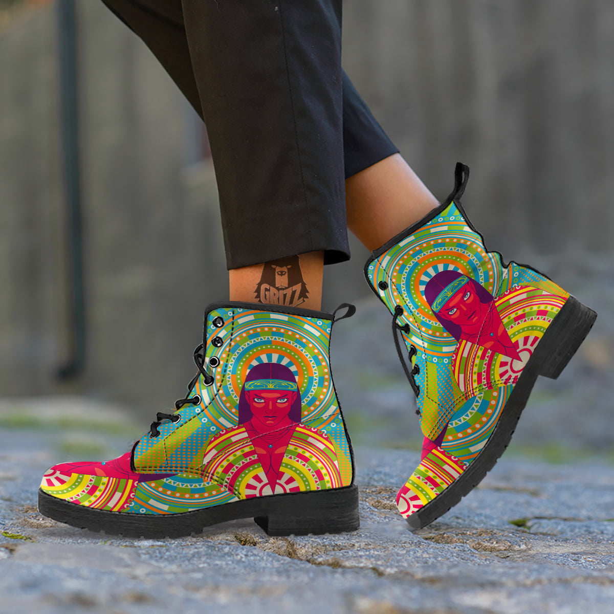 Abstract Psychedelic Women Print Leather Boots-grizzshop