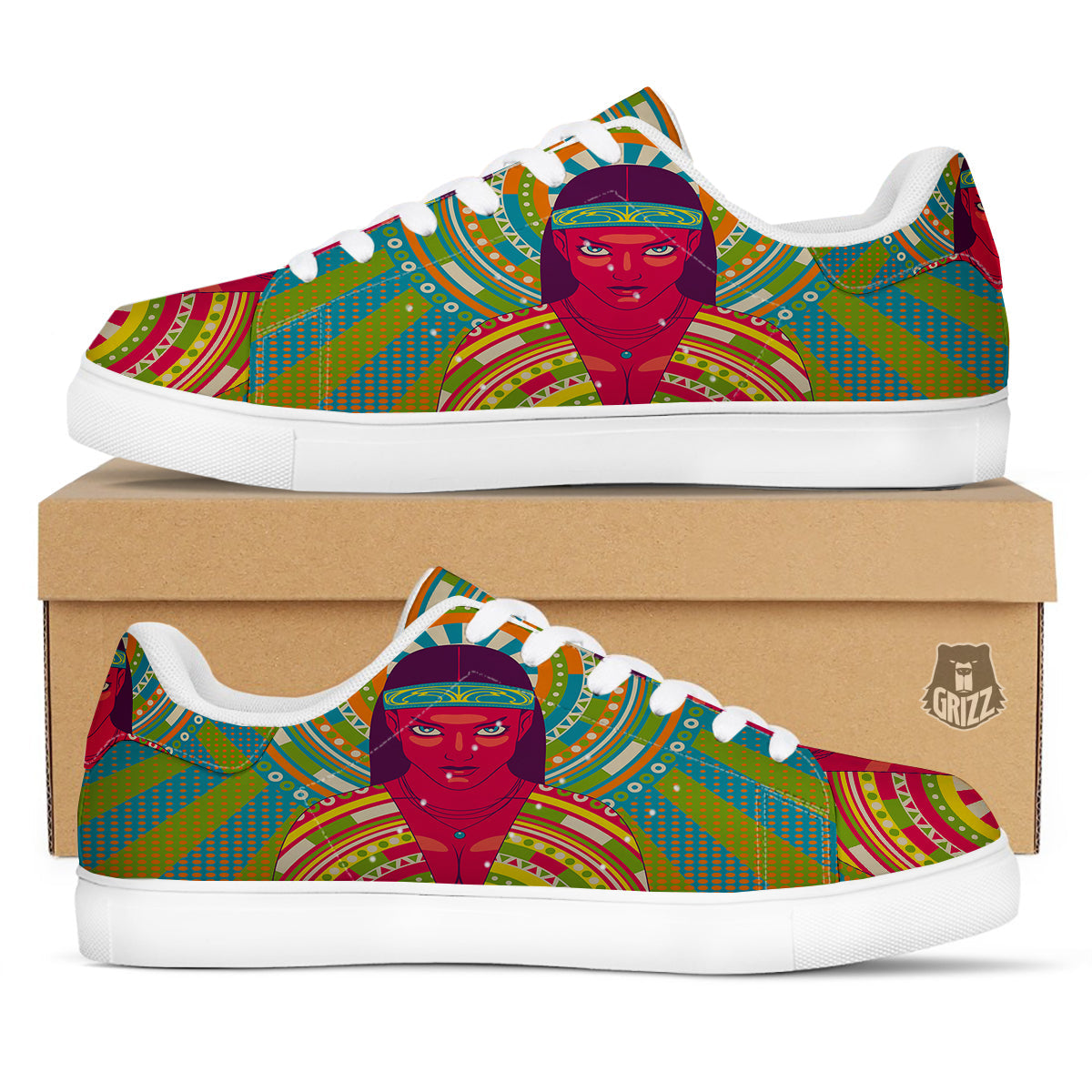 Abstract Psychedelic Women Print White Low Top Sneakers-grizzshop