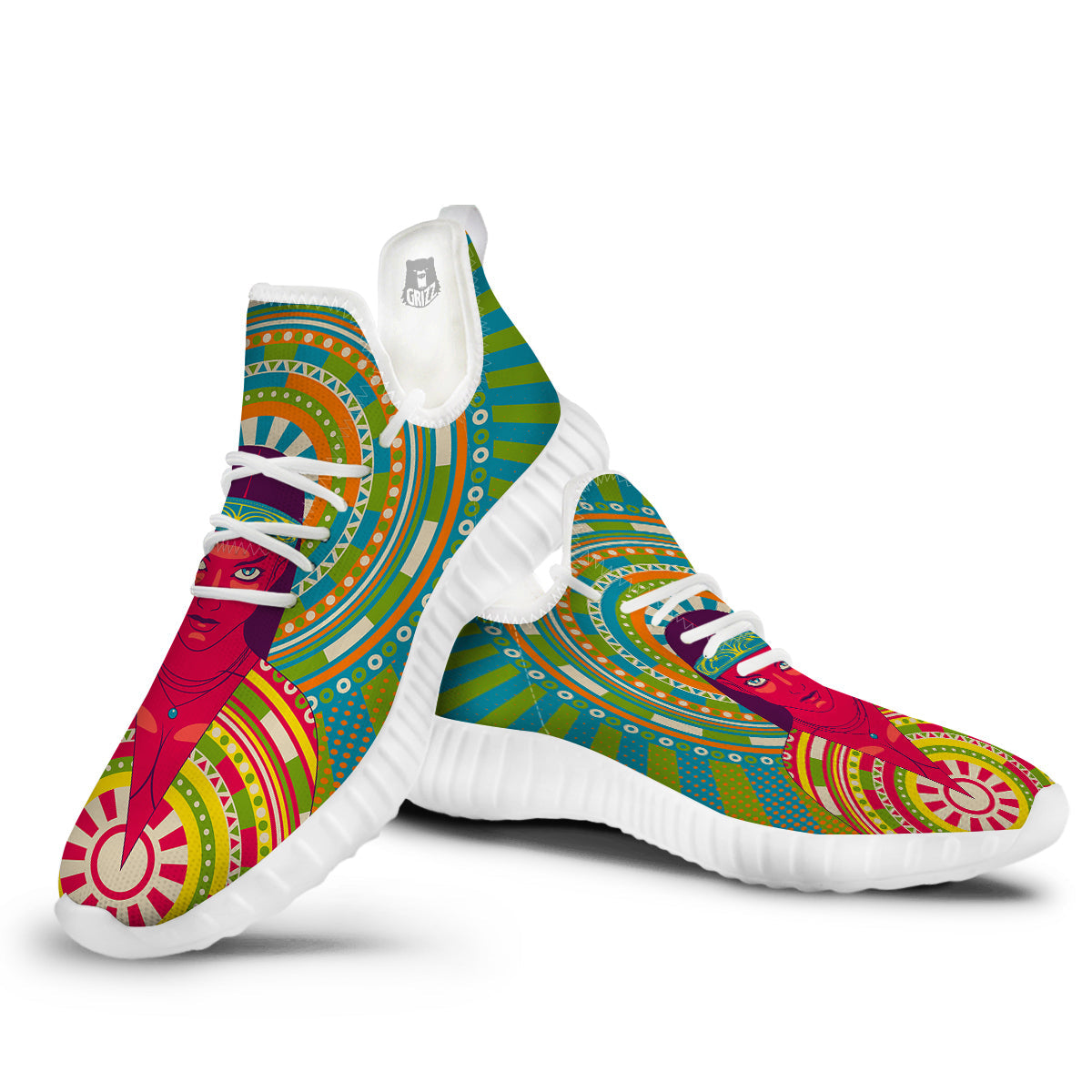 Abstract Psychedelic Women Print White Walking Shoes-grizzshop