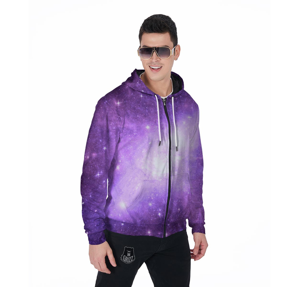 Abstract Purple Galaxy Space Men's Zip Up Hoodie-grizzshop