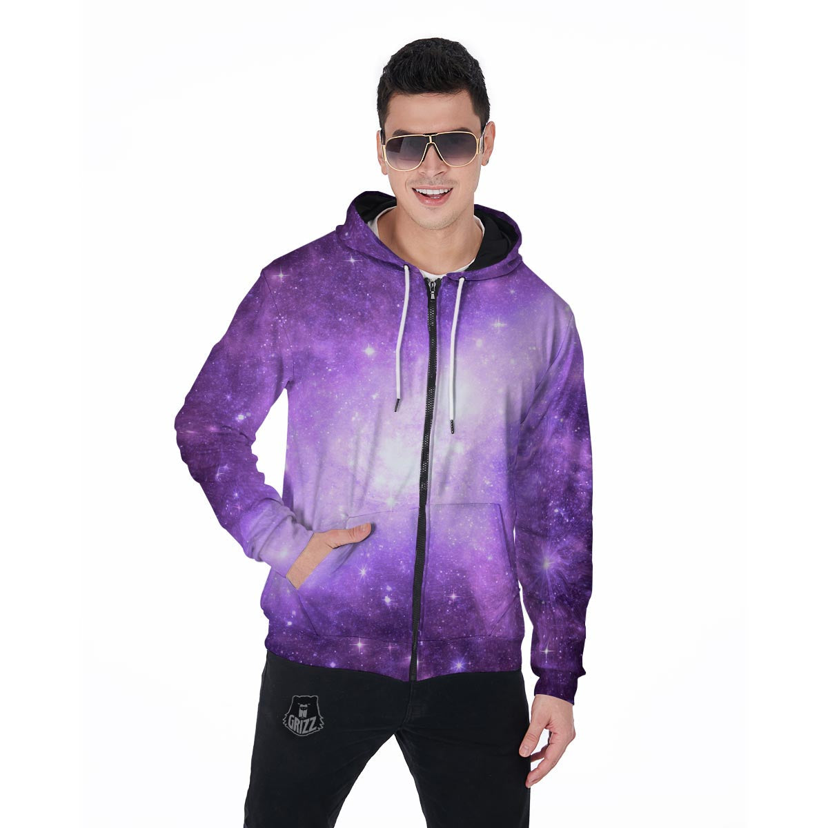 Abstract Purple Galaxy Space Men's Zip Up Hoodie-grizzshop