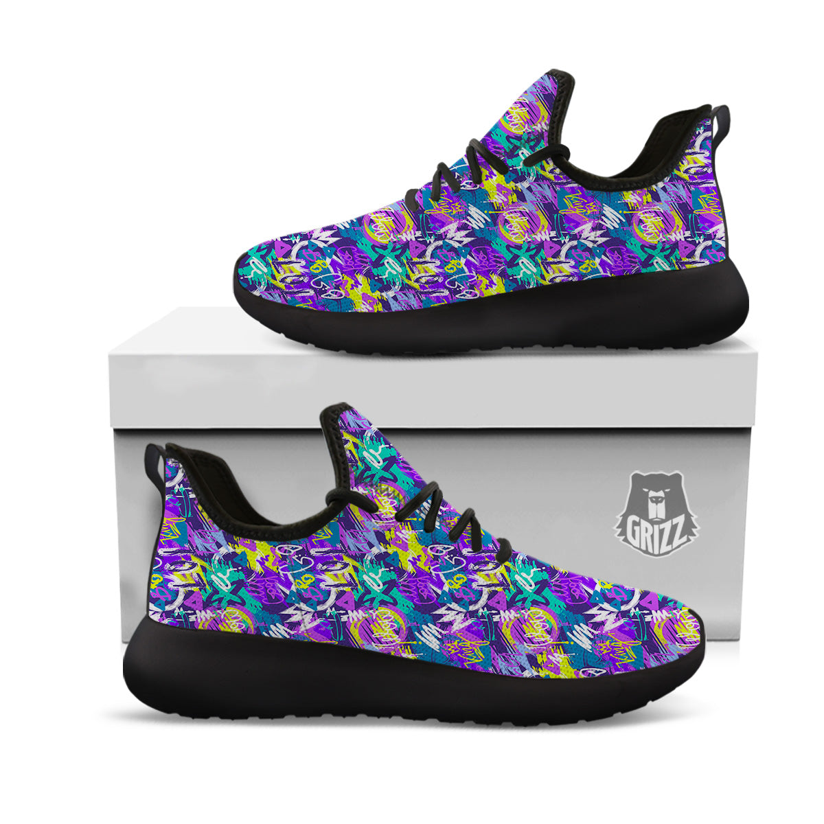 Abstract Purple Graffiti Print Pattern Black Athletic Shoes-grizzshop