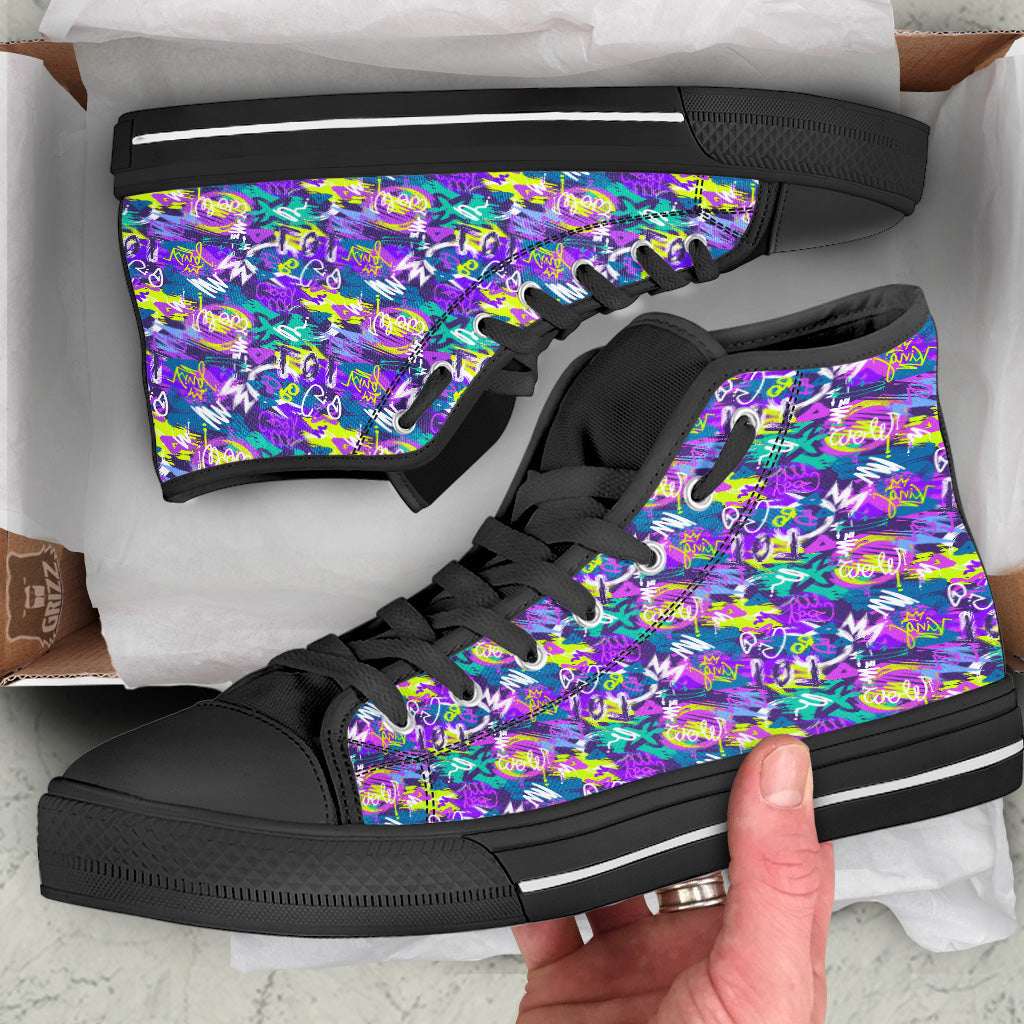 Abstract Purple Graffiti Print Pattern Black High Top Shoes-grizzshop