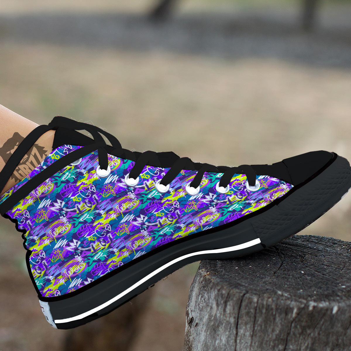 Abstract Purple Graffiti Print Pattern Black High Top Shoes-grizzshop