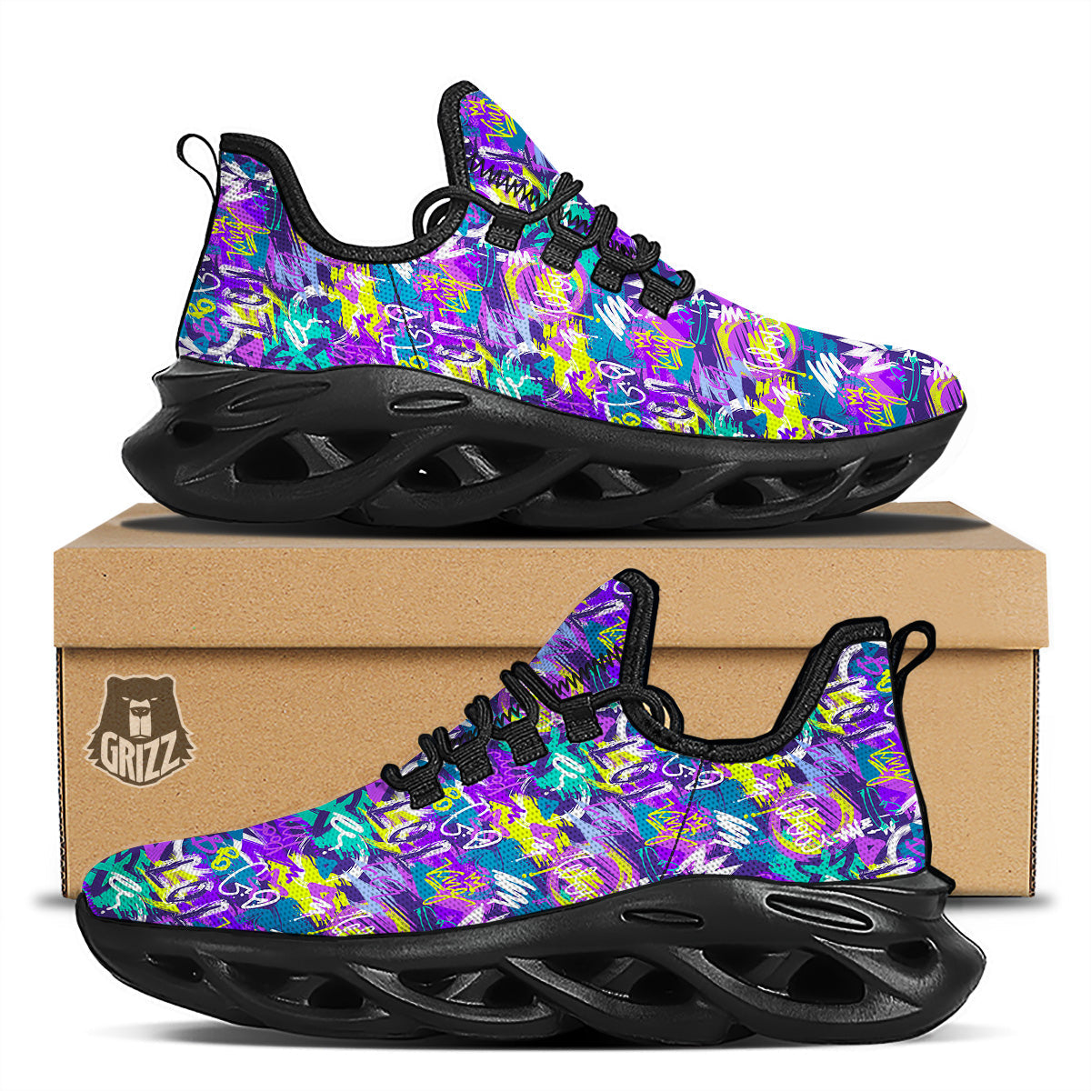 Abstract Purple Graffiti Print Pattern Black Running Shoes-grizzshop