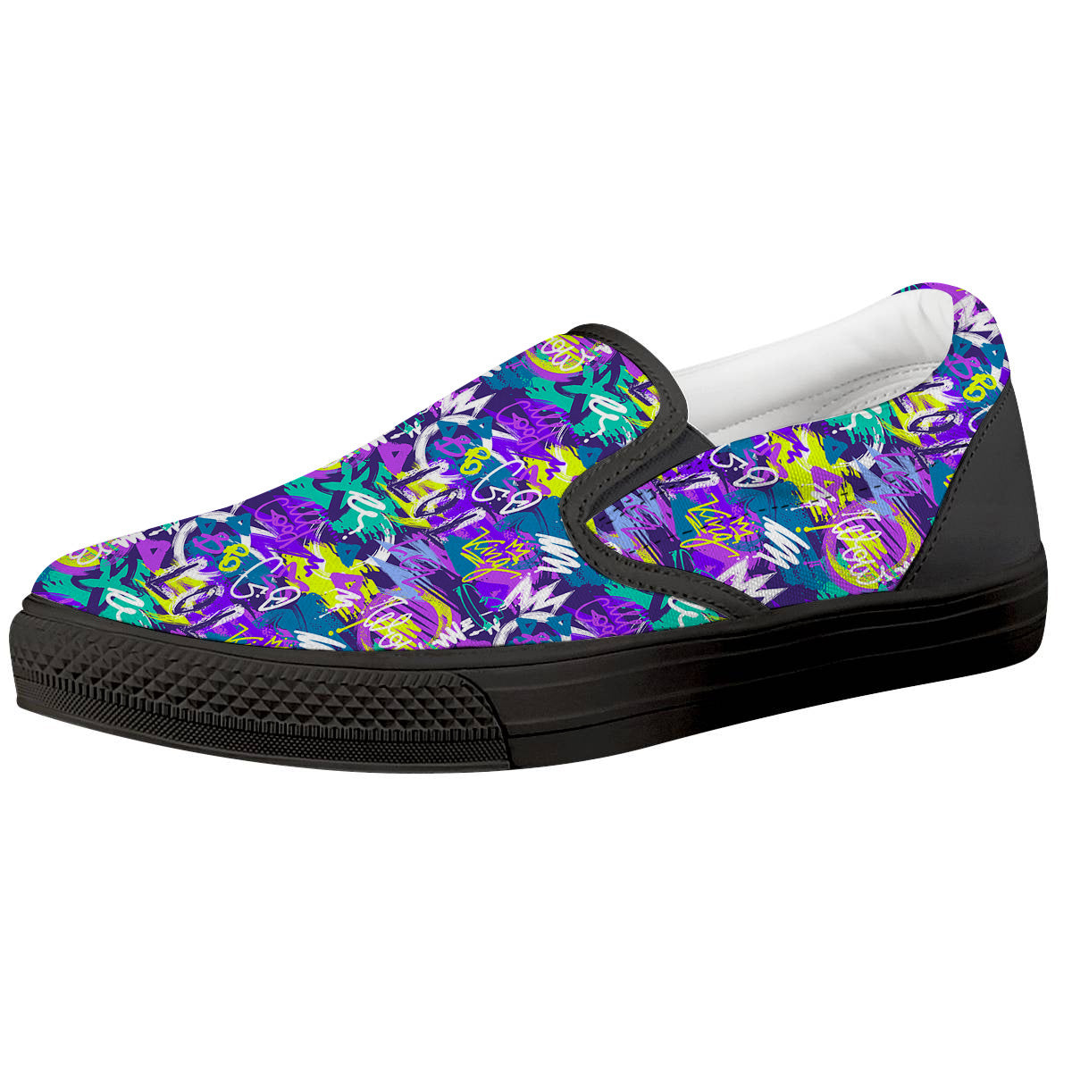 Abstract Purple Graffiti Print Pattern Black Slip On Shoes-grizzshop