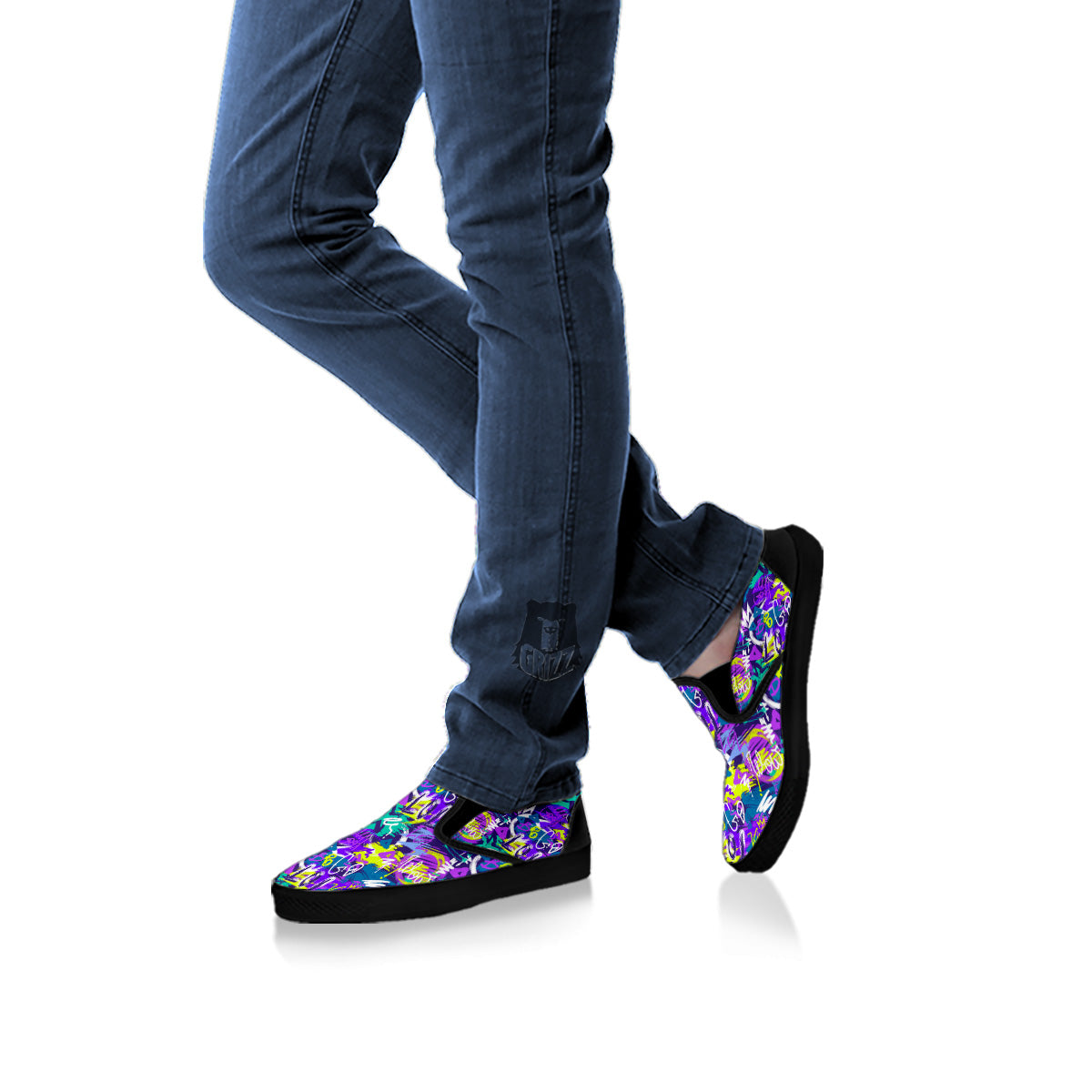 Abstract Purple Graffiti Print Pattern Black Slip On Shoes-grizzshop