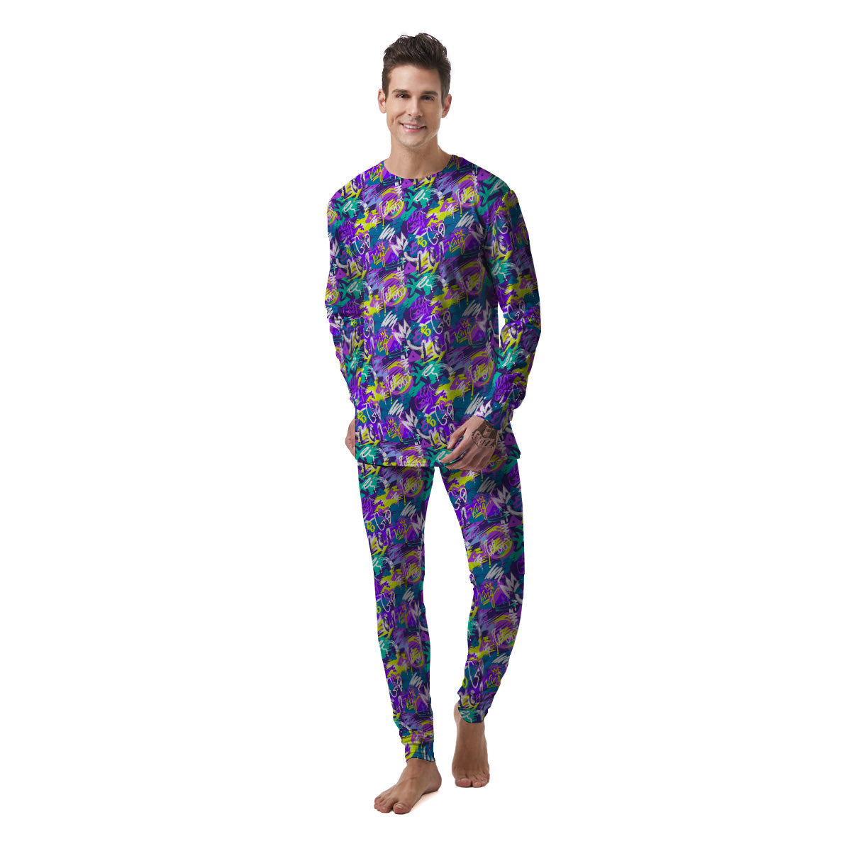 Abstract Purple Graffiti Print Pattern Men's Pajamas-grizzshop