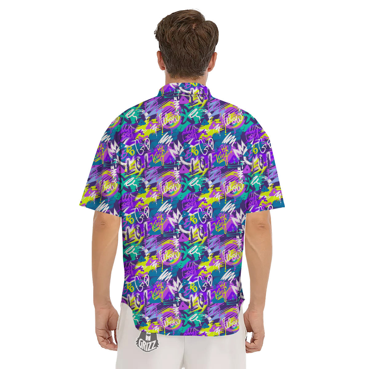 Abstract Purple Graffiti Print Pattern Men's Short Sleeve Shirts-grizzshop