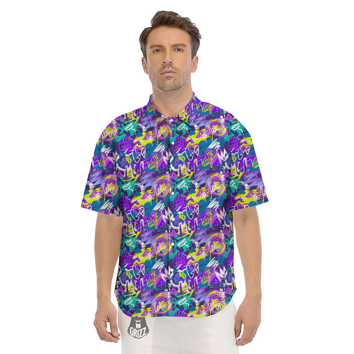 Abstract Purple Graffiti Print Pattern Men's Short Sleeve Shirts-grizzshop