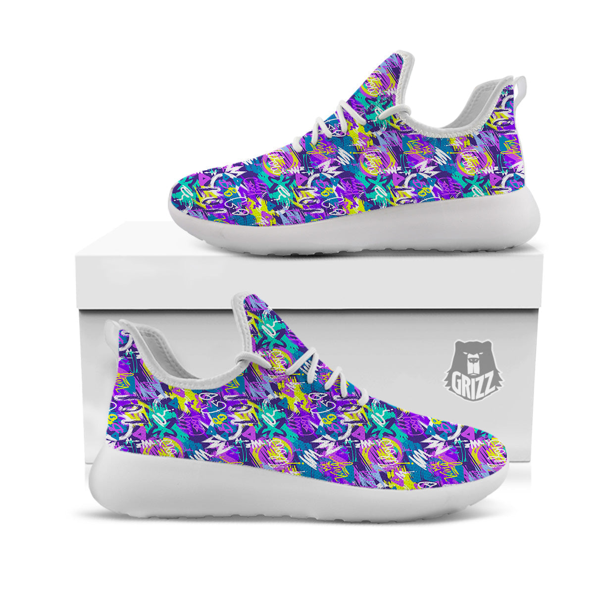 Abstract Purple Graffiti Print Pattern White Athletic Shoes-grizzshop