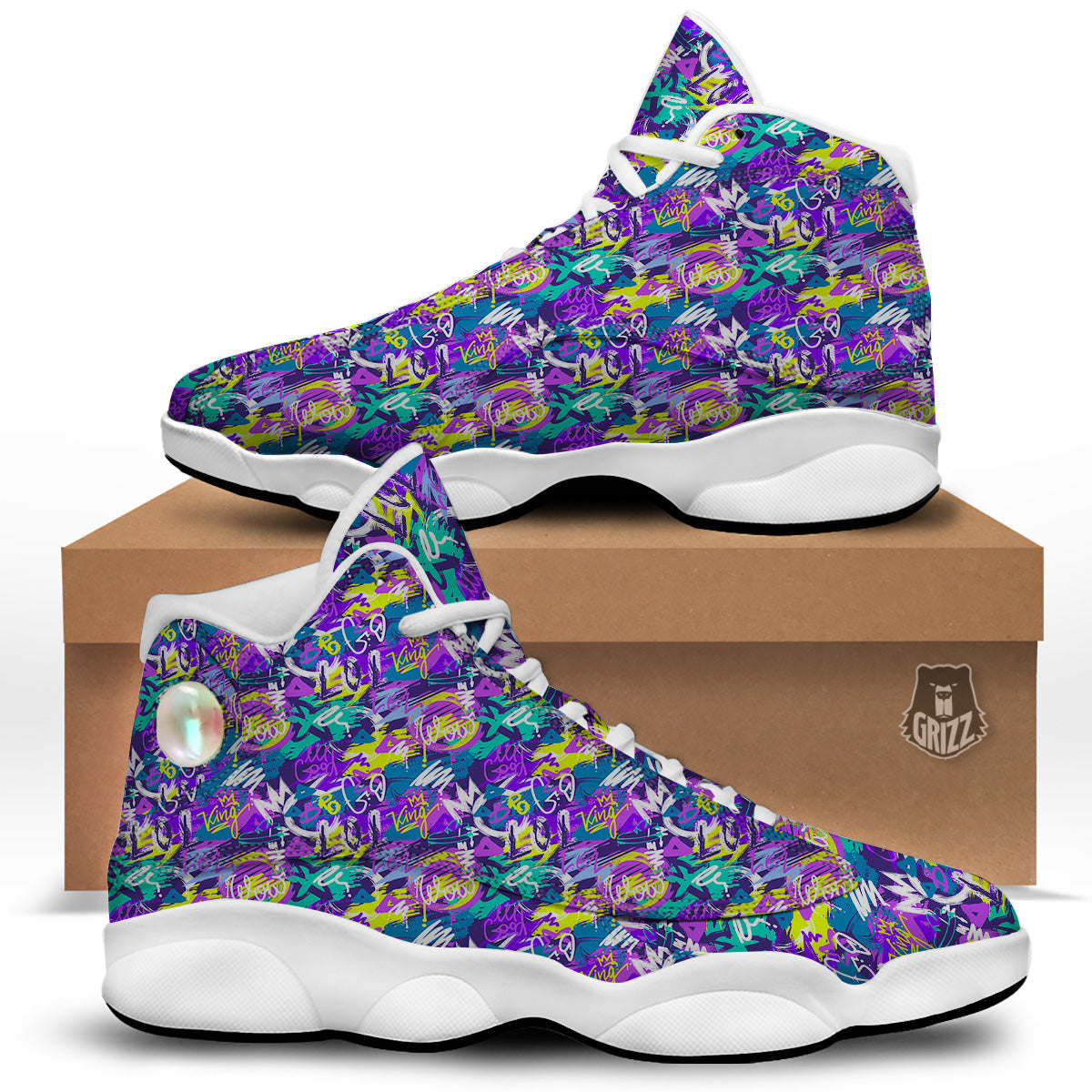 Abstract Purple Graffiti Print Pattern White Basketball Shoes-grizzshop