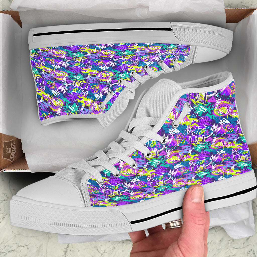 Abstract Purple Graffiti Print Pattern White High Top Shoes-grizzshop