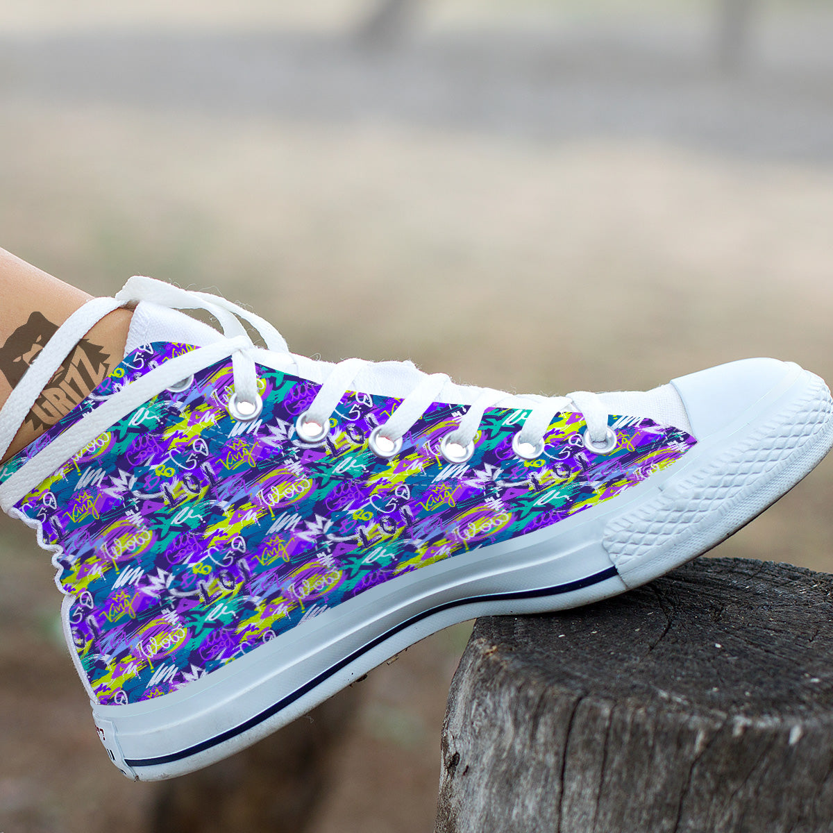 Abstract Purple Graffiti Print Pattern White High Top Shoes-grizzshop