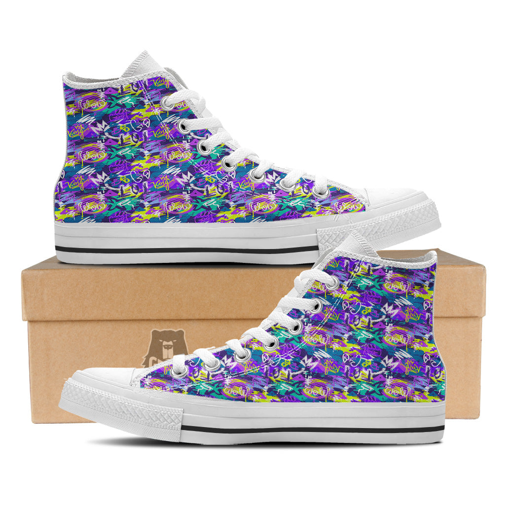 Abstract Purple Graffiti Print Pattern White High Top Shoes-grizzshop