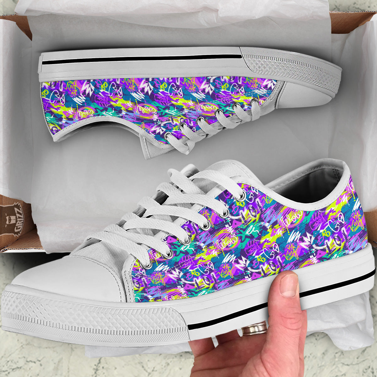 Abstract Purple Graffiti Print Pattern White Low Top Shoes-grizzshop