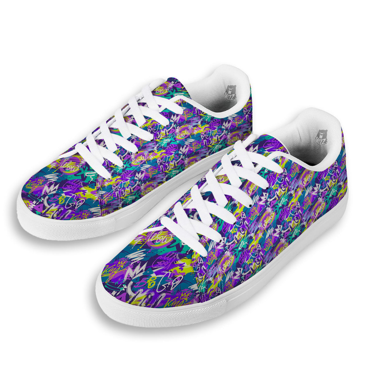 Abstract Purple Graffiti Print Pattern White Low Top Sneakers-grizzshop