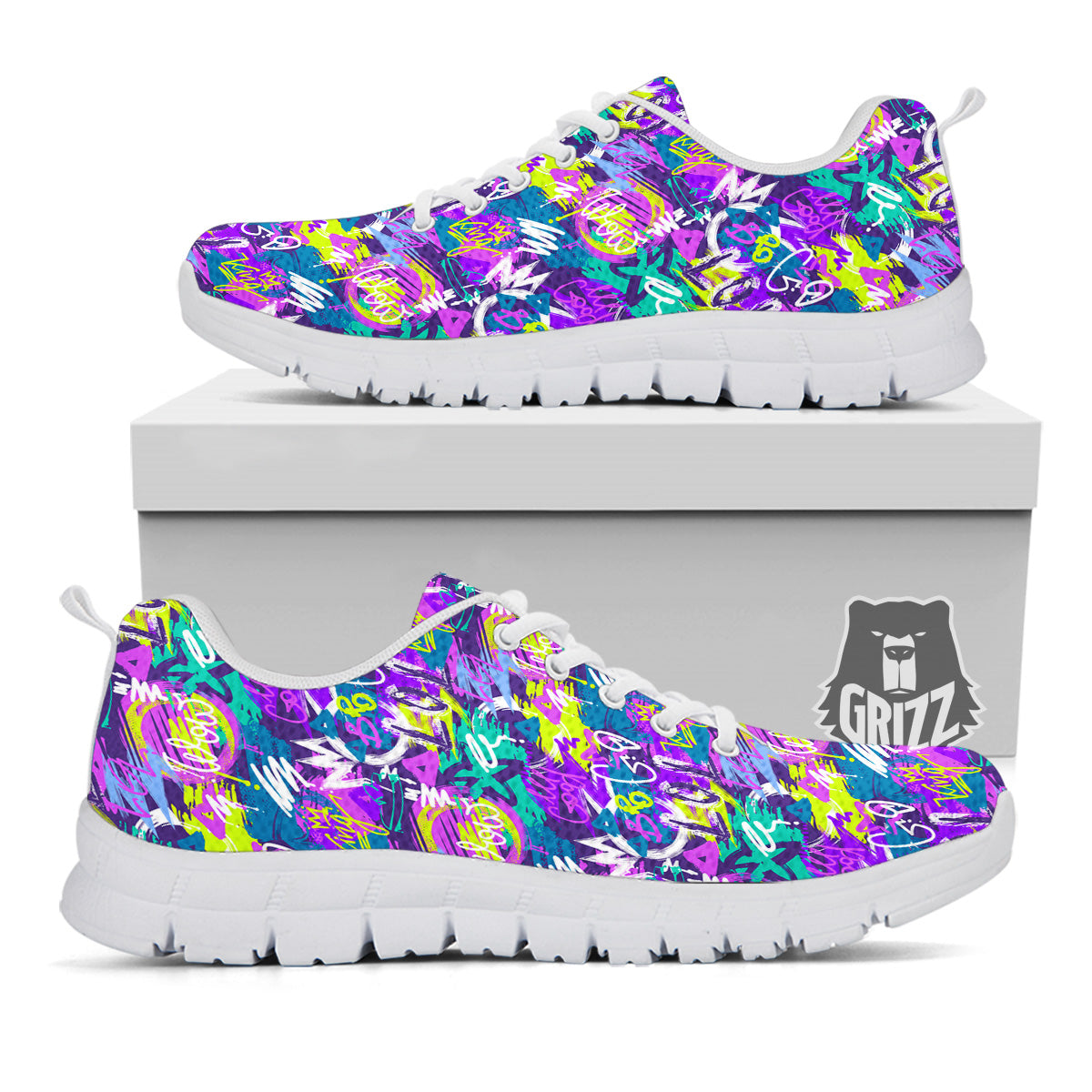 Abstract Purple Graffiti Print Pattern White Sneaker-grizzshop