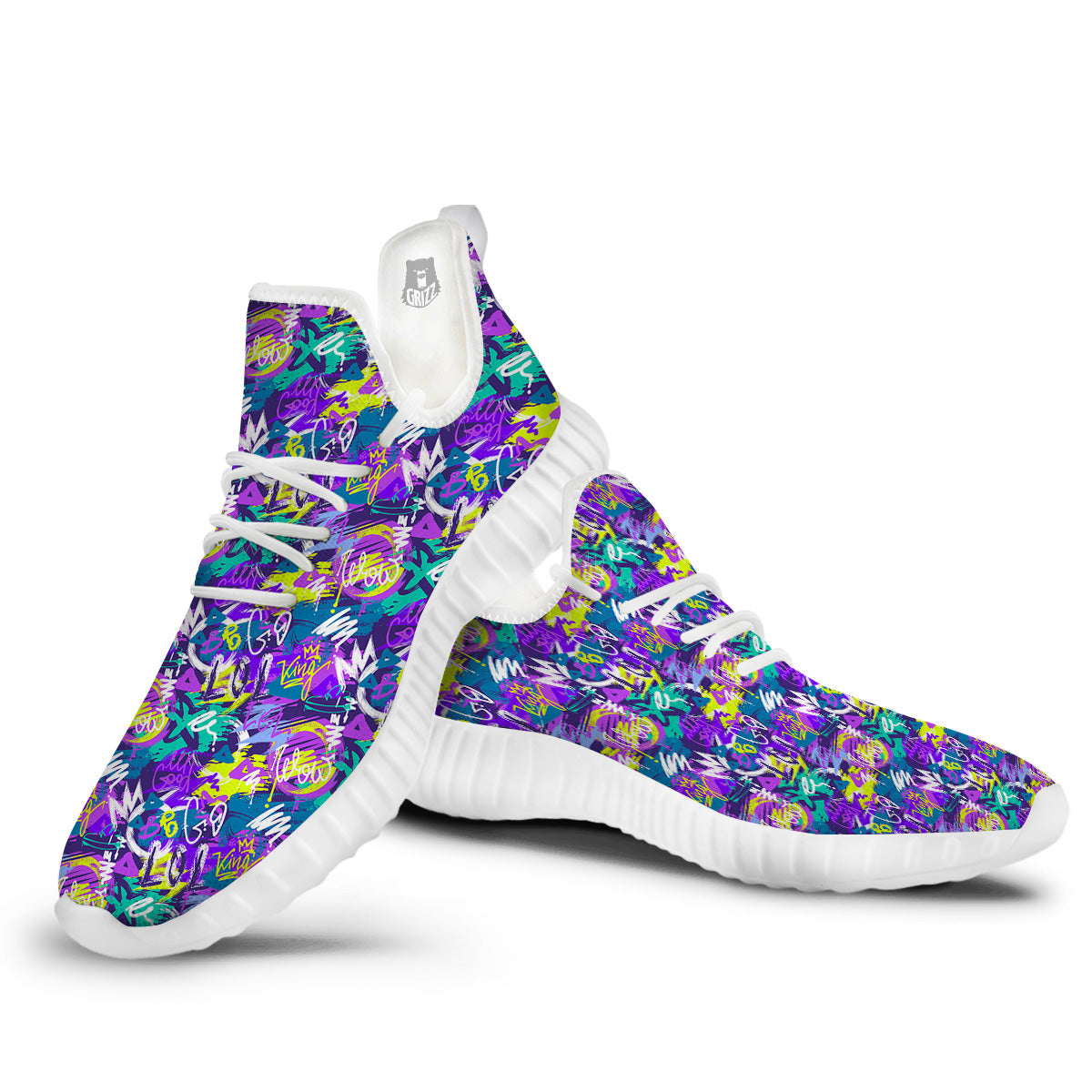 Abstract Purple Graffiti Print Pattern White Walking Shoes-grizzshop