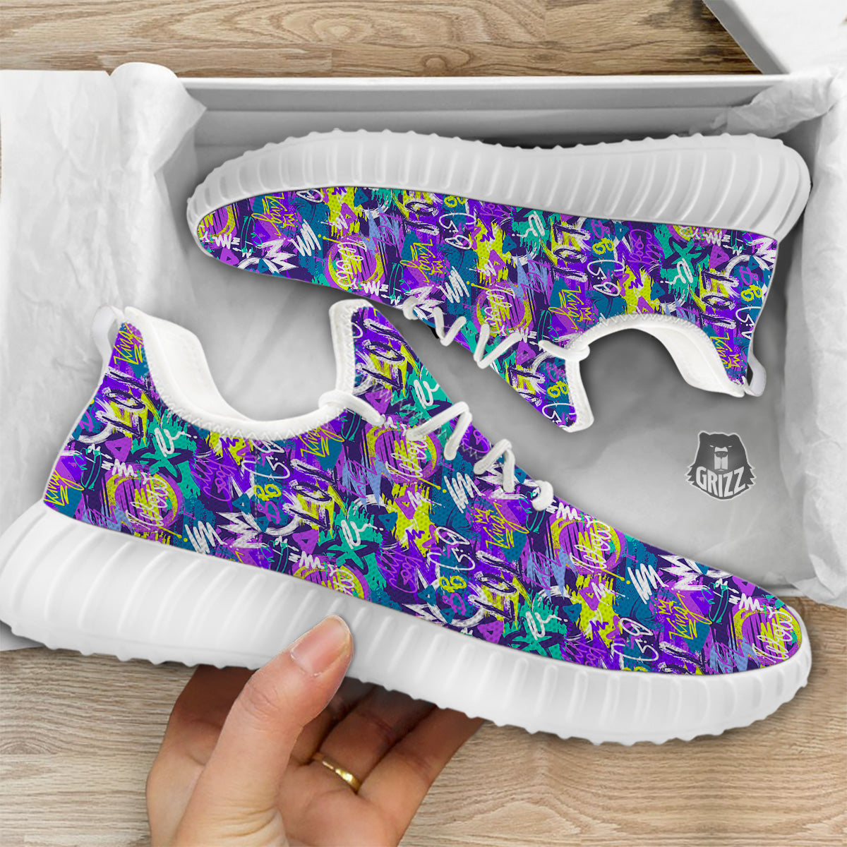 Abstract Purple Graffiti Print Pattern White Walking Shoes-grizzshop