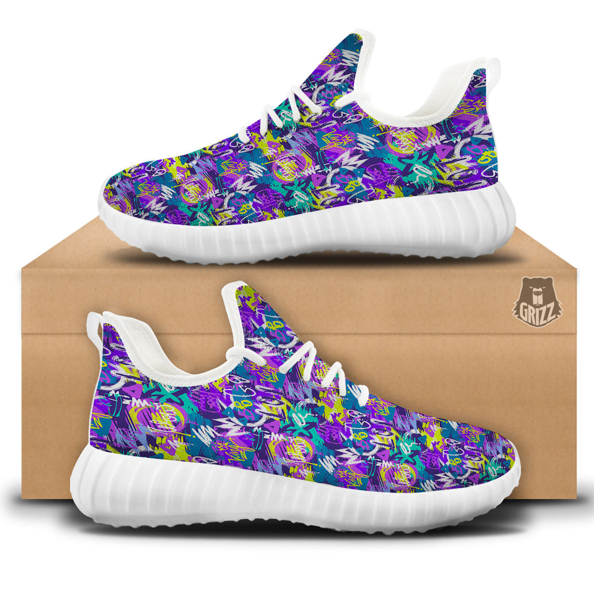 Abstract Purple Graffiti Print Pattern White Walking Shoes-grizzshop