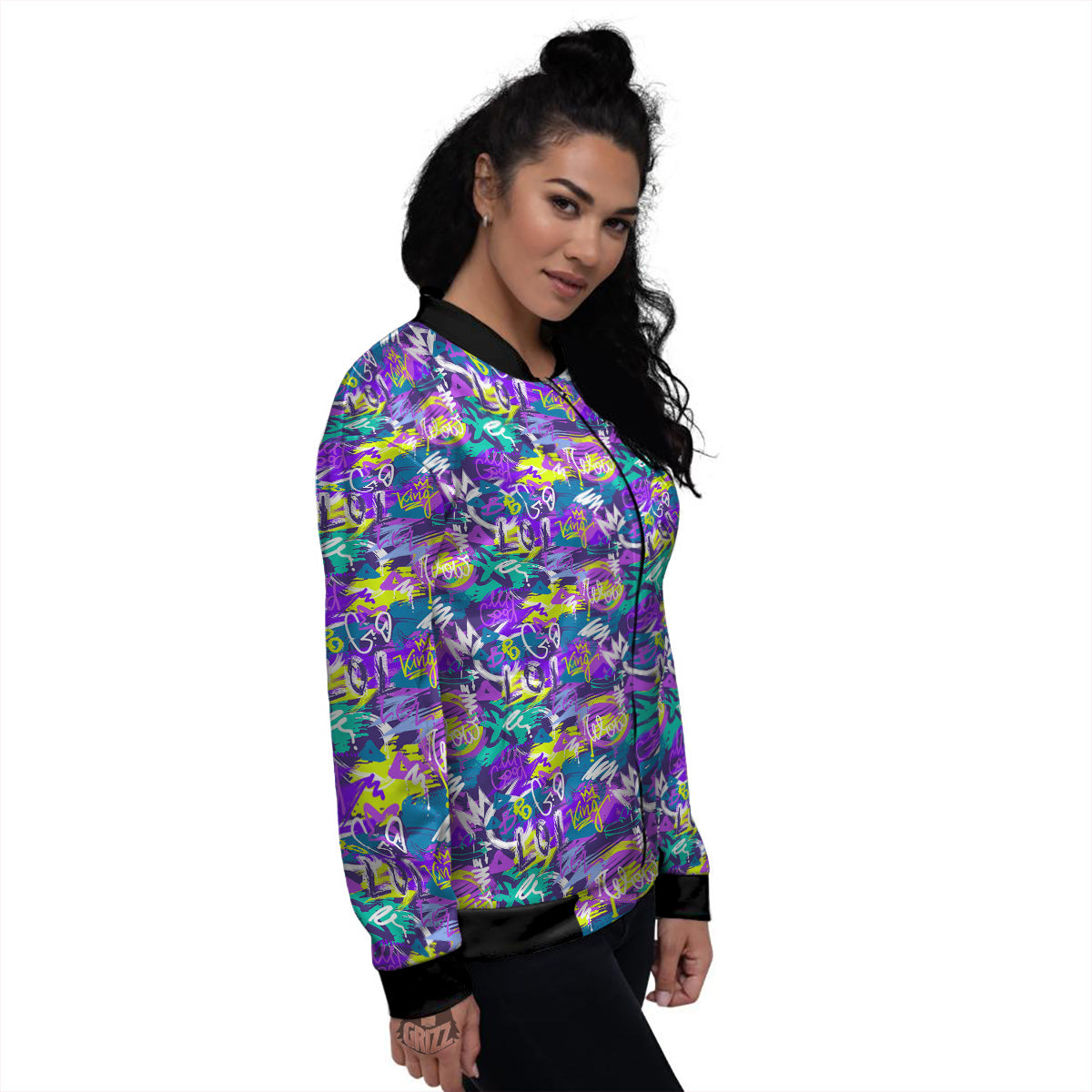 Abstract Purple Graffiti Print Pattern Women's Bomber Jacket-grizzshop