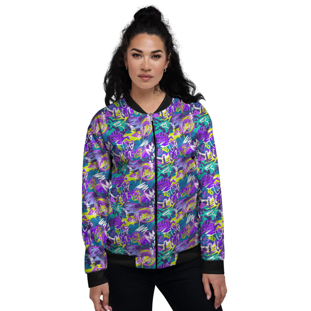 Abstract Purple Graffiti Print Pattern Women's Bomber Jacket-grizzshop