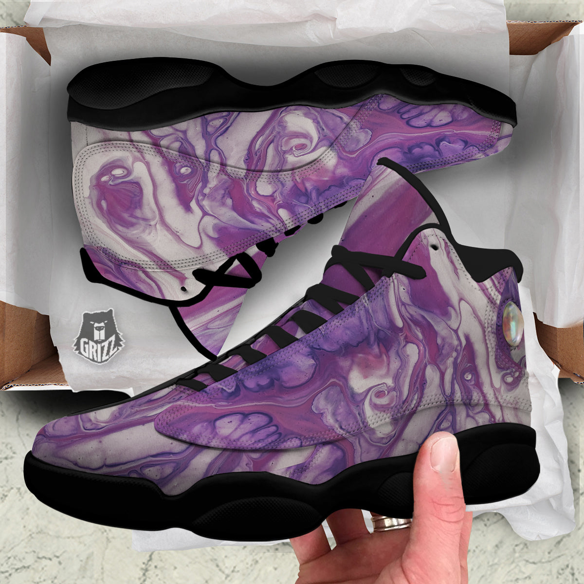 Abstract Purple Liquid Marble Print Black Basketball Shoes-grizzshop