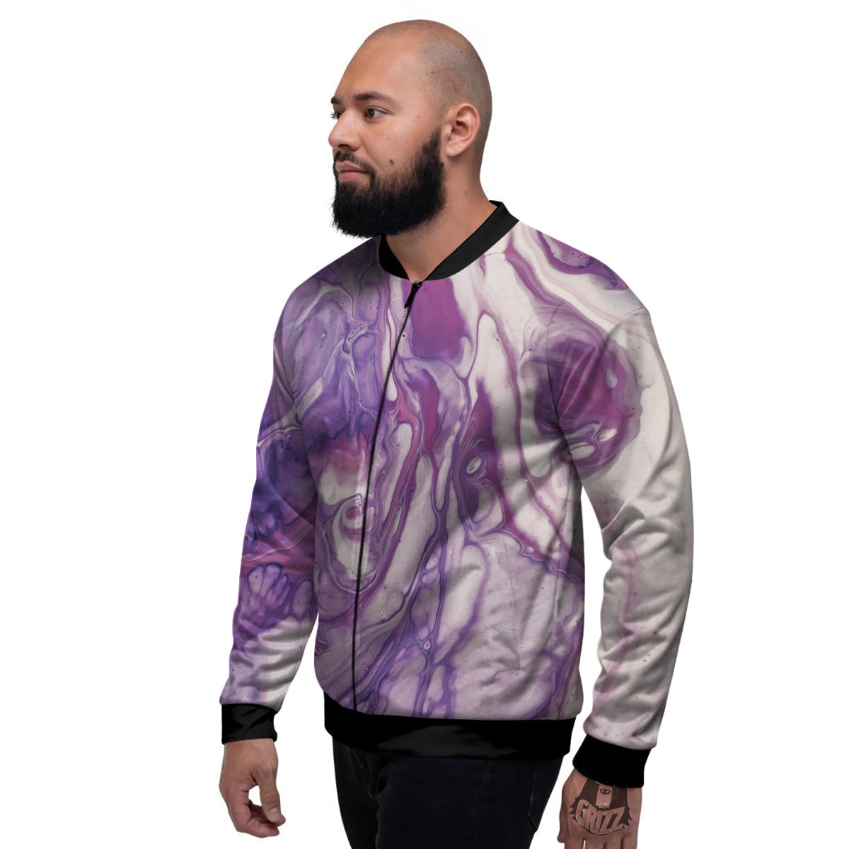 Abstract Purple Liquid Marble Print Men's Bomber Jacket-grizzshop