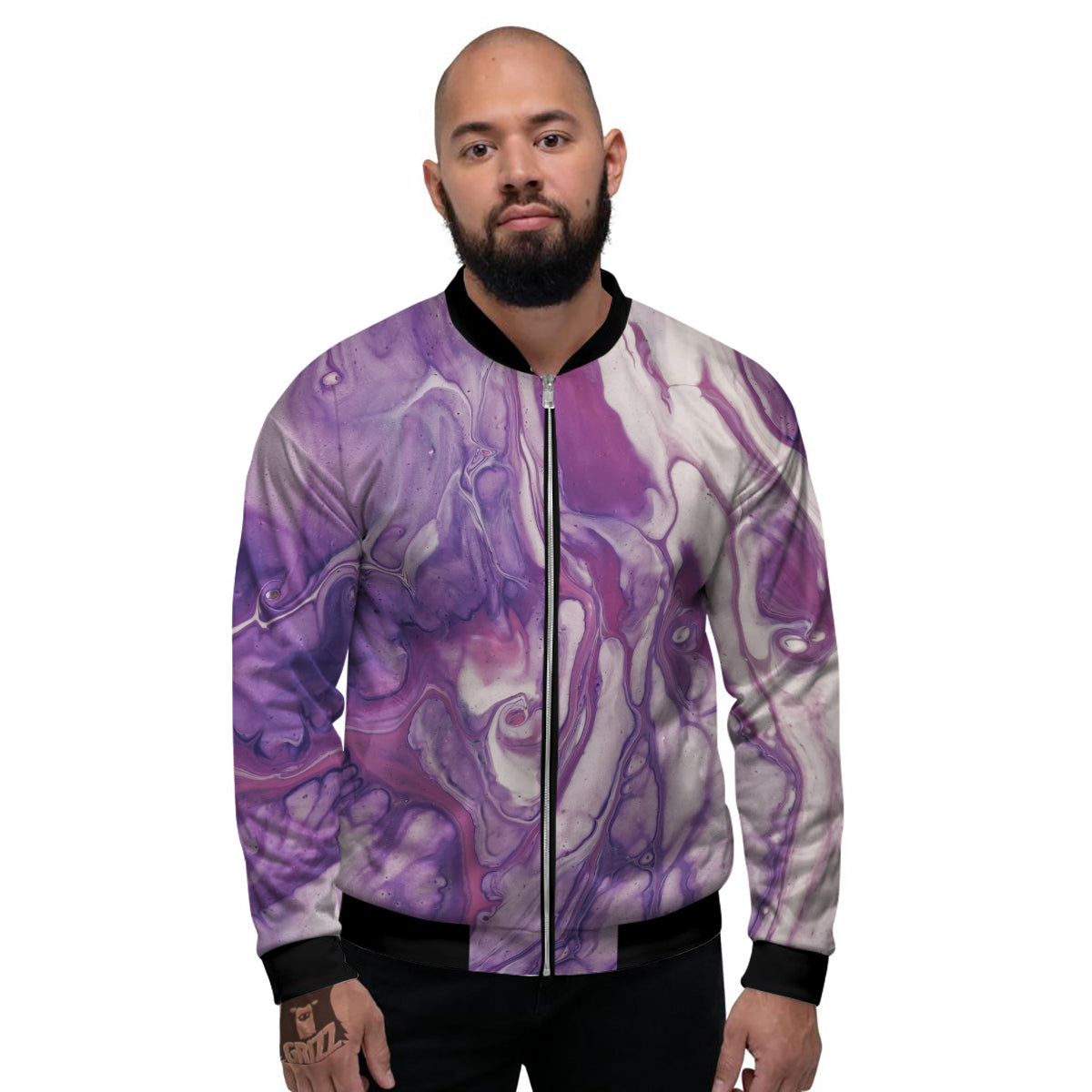 Abstract Purple Liquid Marble Print Men's Bomber Jacket-grizzshop